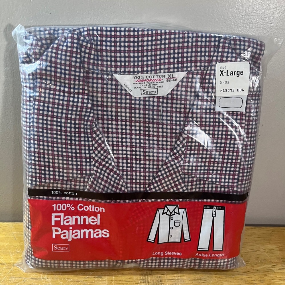 Vtg Sears Flannel Pajamas Mens XL Red Navy White Check Cotton 2pc Set New